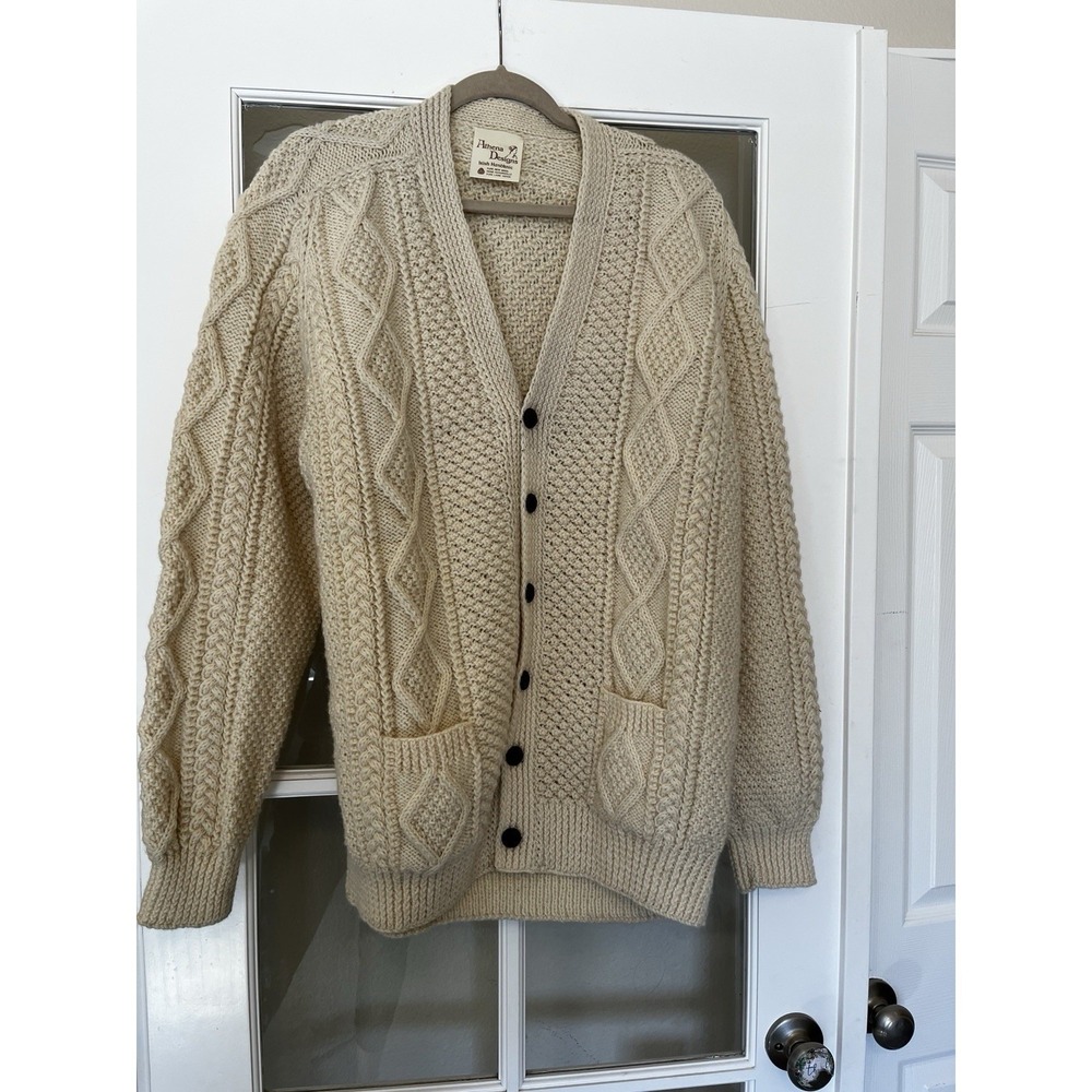 Athena Designs Irish Handknit‎ Wool Cable Knit Sweater Size L Cream Beige V Neck - Picture 3 of 10
